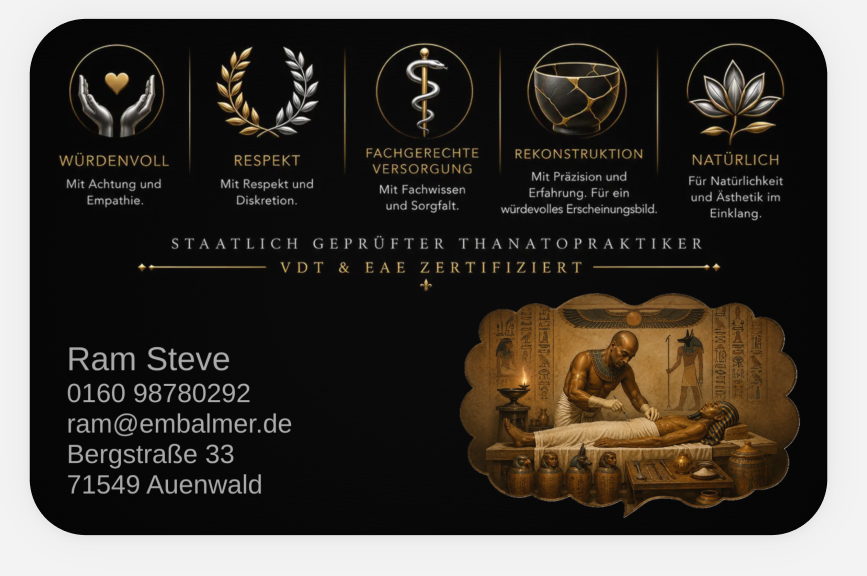 Visitenkarte und Leistungsdarstellung Thanatopraxie Ram Steve
